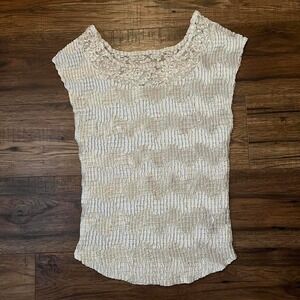 Vintage Nicola Crinkle Pleated Lace Trim Blouse Beige Cream Textured Top Medium